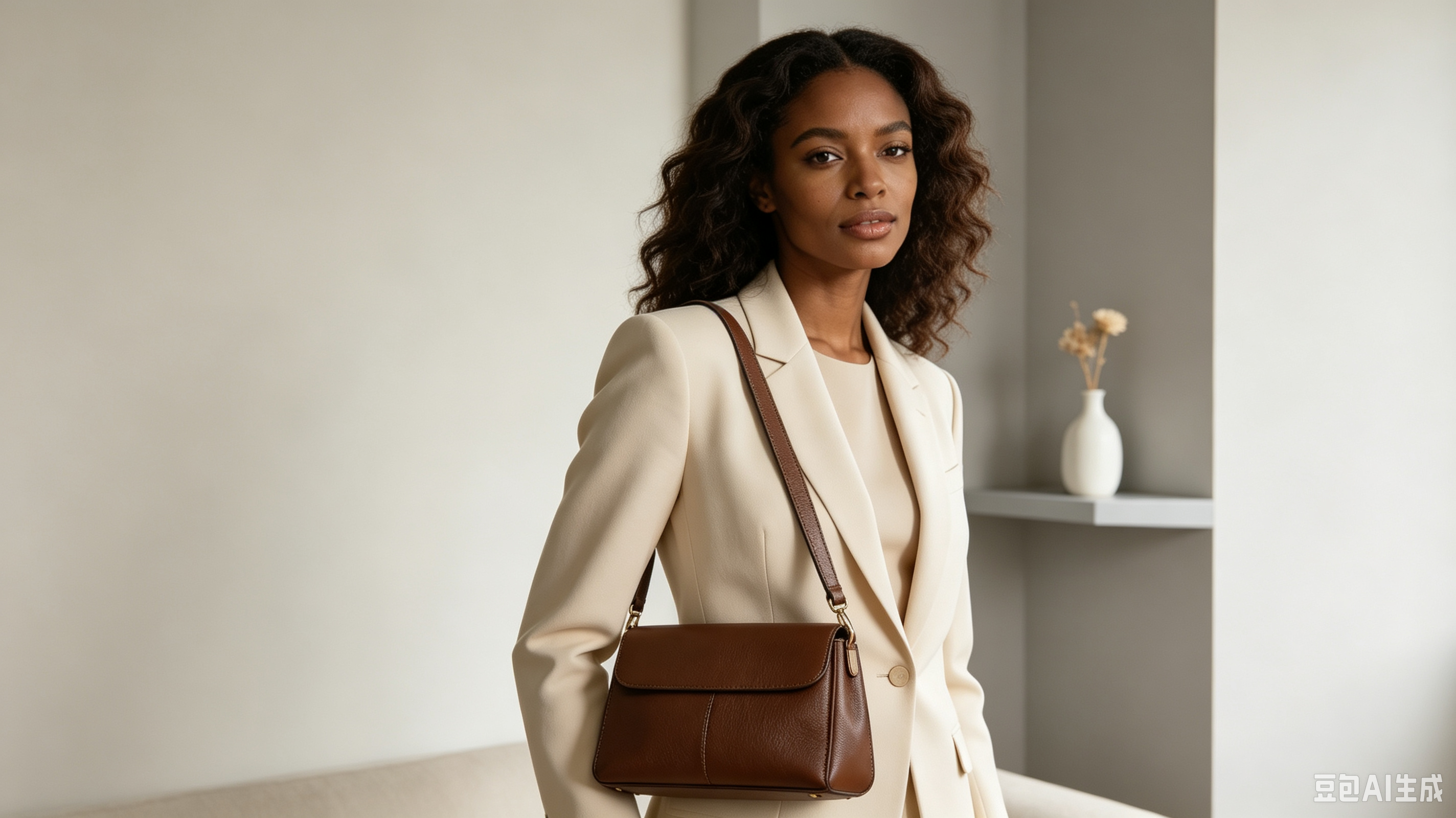 Model with caramel pebbled leather shoulder bag